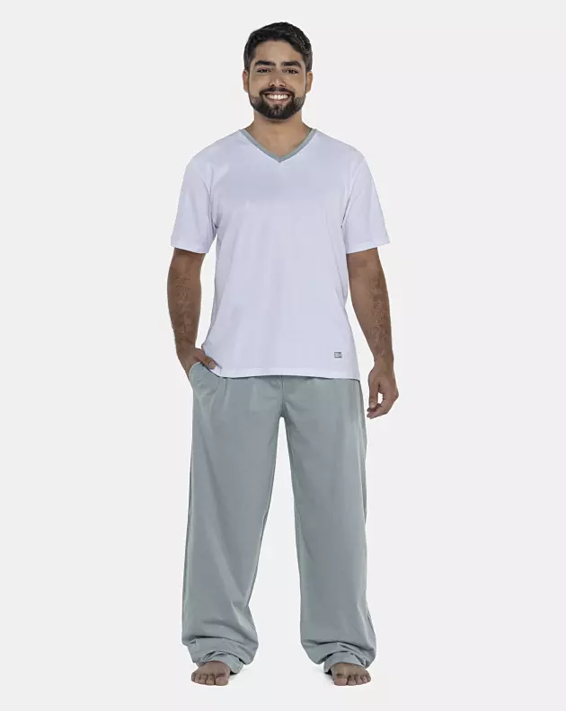 Pijama Masculino Adulto Manga Curta Decote V e Calça