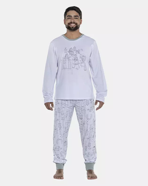 Pijama Masculino Adulto Manga Longa e Calça Com Punhos
