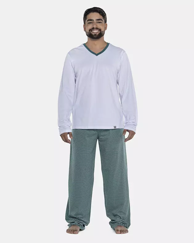 Pijama Masculino Adulto Manga Longa Decote V e Calça Listras