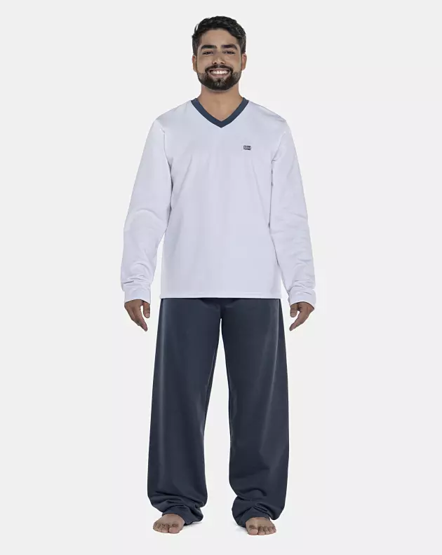 Pijama Masculino Adulto Manga Longa Decote V e Calça Moletinho