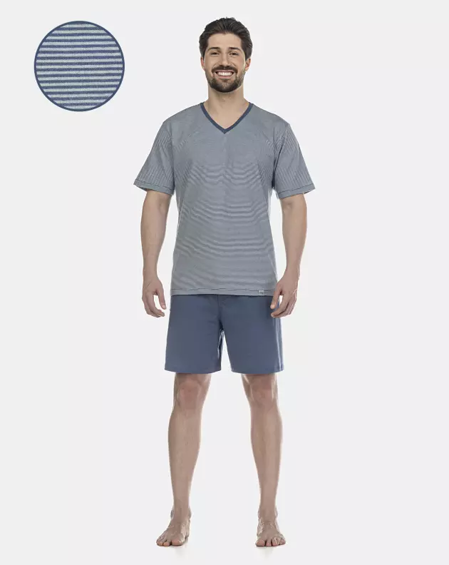 Pijama Masculino Adulto Manga Curta Decote V e Short 