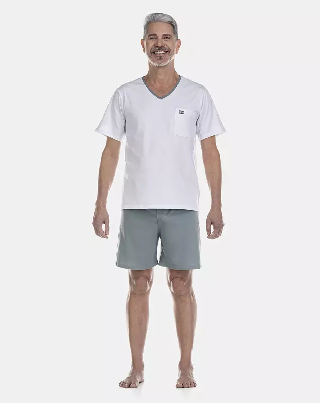 Pijama Masculino Adulto Manga Curta Decote V e Short 