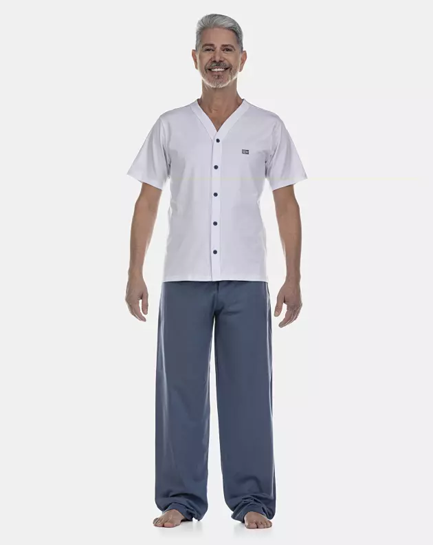 Pijama Masculino Adulto Manga Curta Com Abertura e Calça