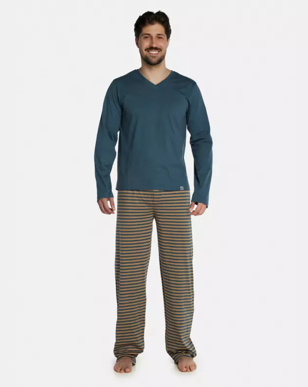 Pijama Masculino Adulto Manga Longa Decote V e Calça Listrada