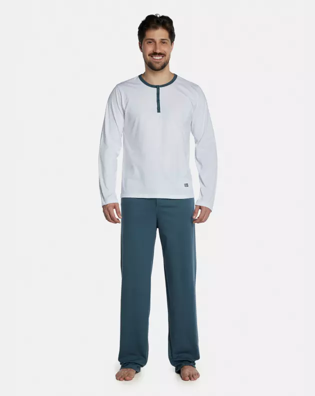 Pijama Masculino Adulto Manga Longa Com Abertura e Calça