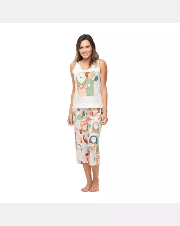 Pijama Feminino Sonhart regata Média e corsário Estampada