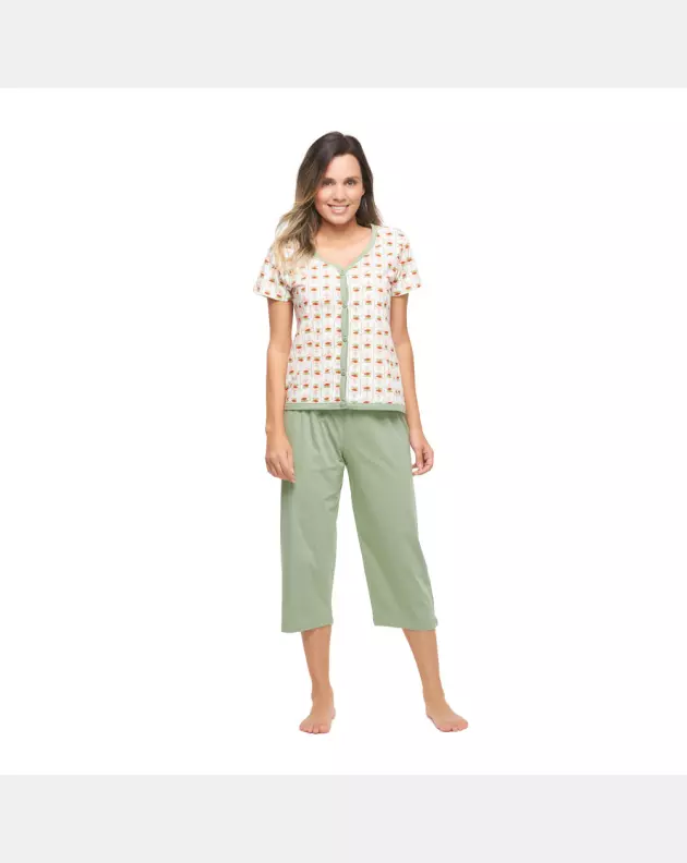 Pijama Feminino Adulto Manga Curta Aberto e Corsário