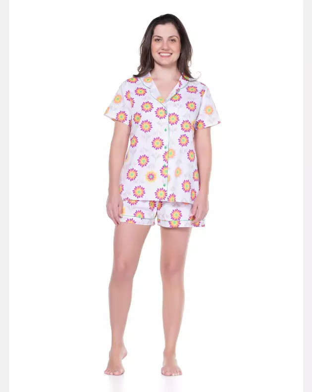 Conjunto Feminino Adulto Manga Curta e Short Tricoline