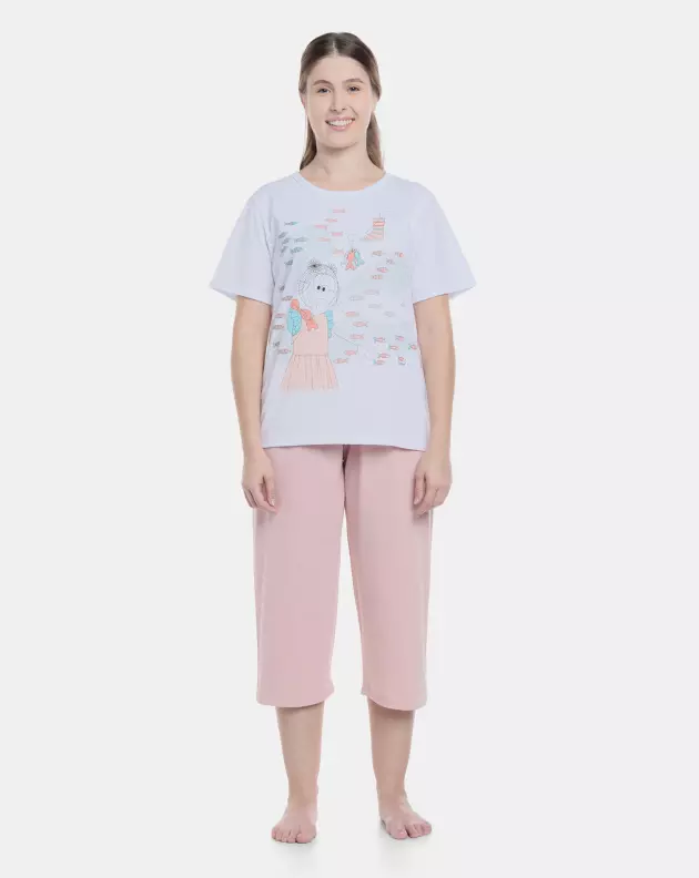 Pijama Feminino Adulto Manga Curta e Corsário