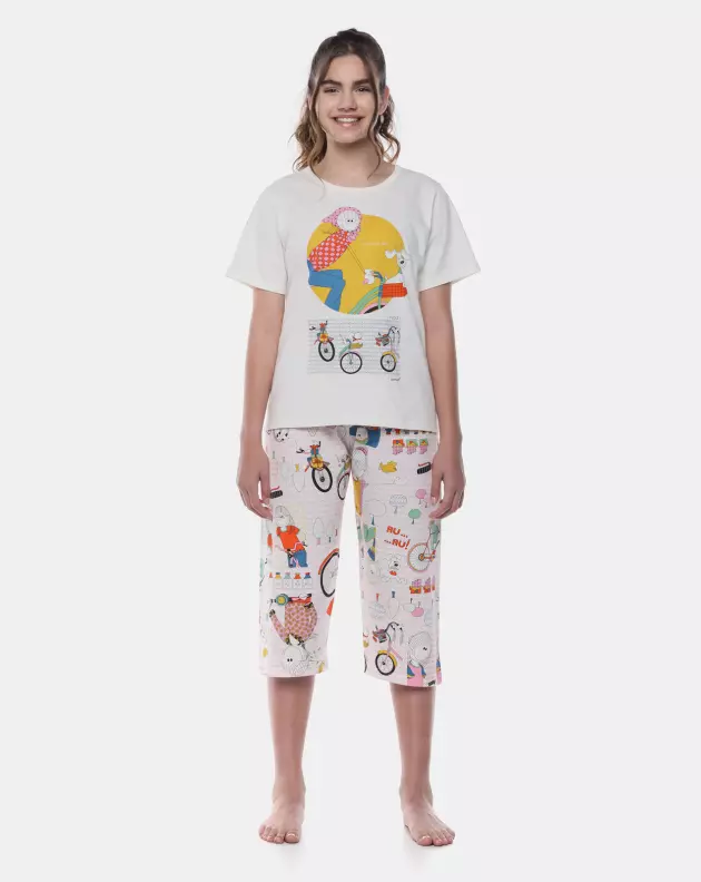 Pijama Feminino Adulto Manga Curta e Corsário