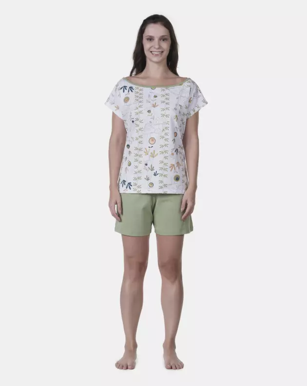 Pijama Curto Feminino Sonhart Blusa Canoa  e bermuda Verde    