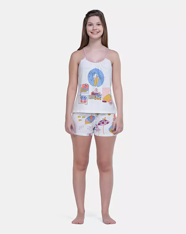 Pijama Curto Feminino Regata Alça Fina e Short Estampa Pat