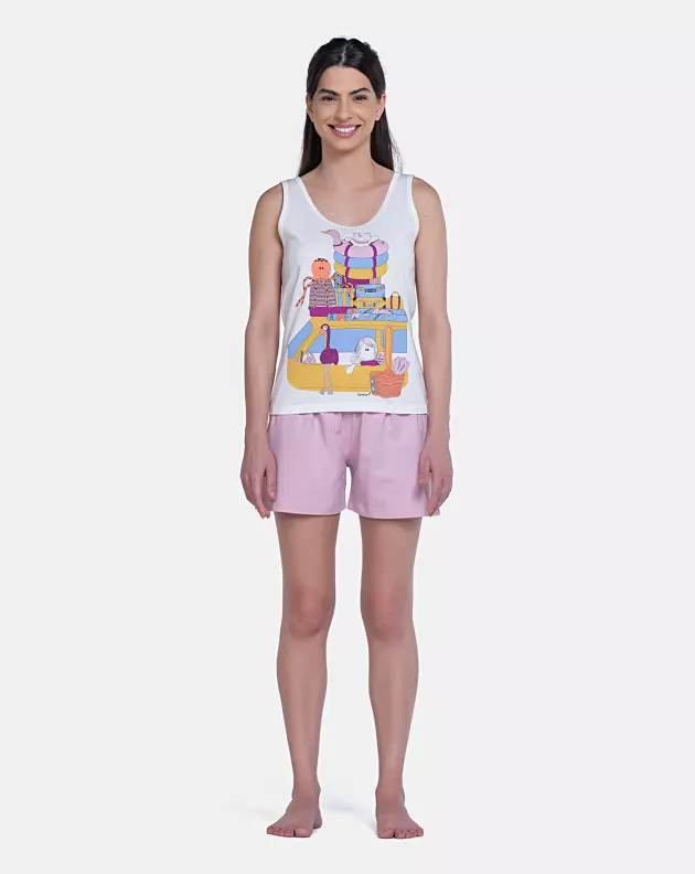 Pijama Curto Feminino Regata Estampada e Short Liso