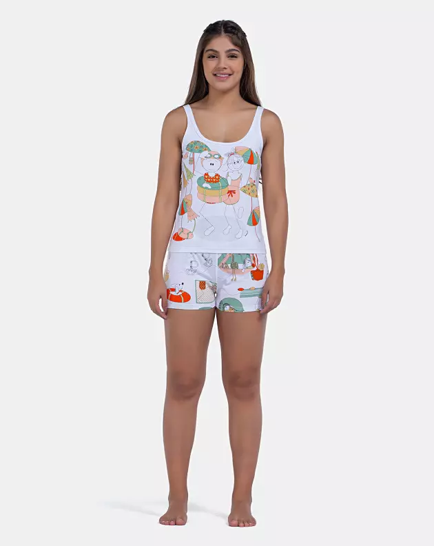Pijama Curto Feminino Regata Alça Fina e Short Estampa Pat e Annie