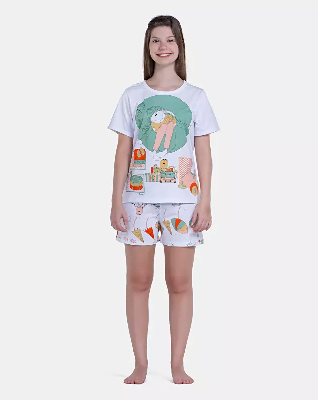 Pijama Feminino Blusa Manga Curta e Short Estampa Pat