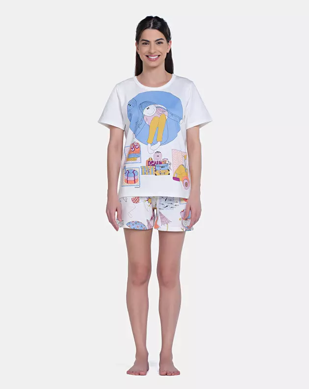 Pijama Feminino Blusa Manga Curta e Short Estampa Pat
