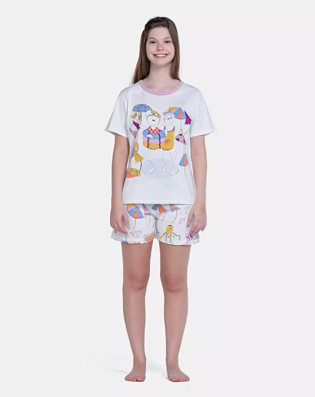 Pijama Feminino Blusa Manga Curta Estampa Pat e Annie e Short