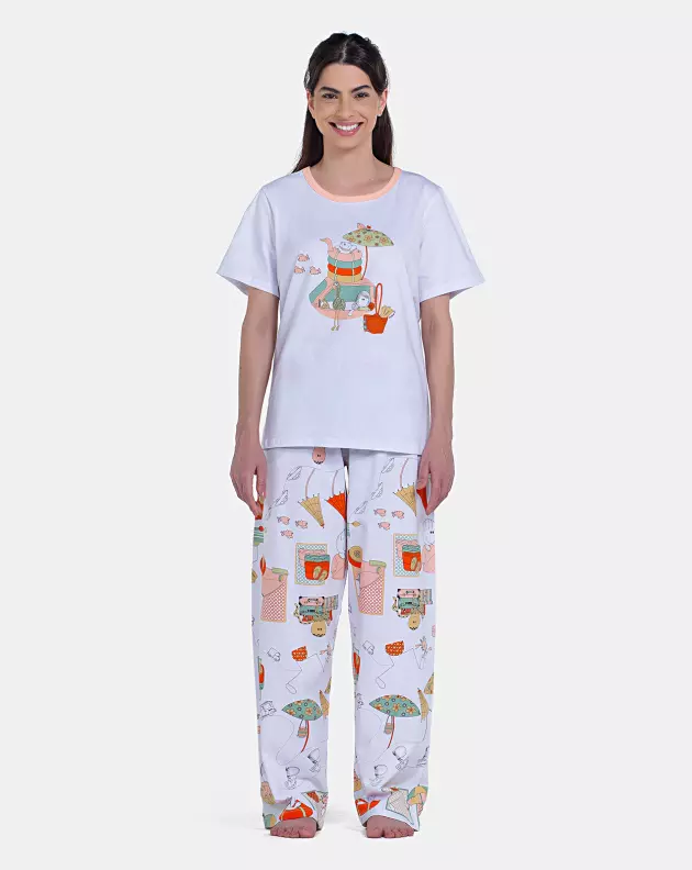 Pijama Feminino Blusa Manga Curta e Calça Pat e Nina