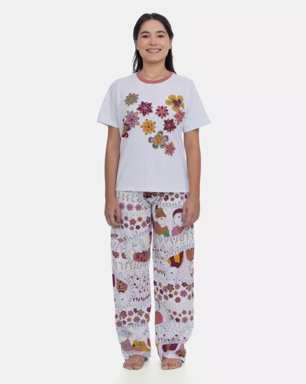 Pijama Manga Curta Feminino e Calça Estampa Pat Annie