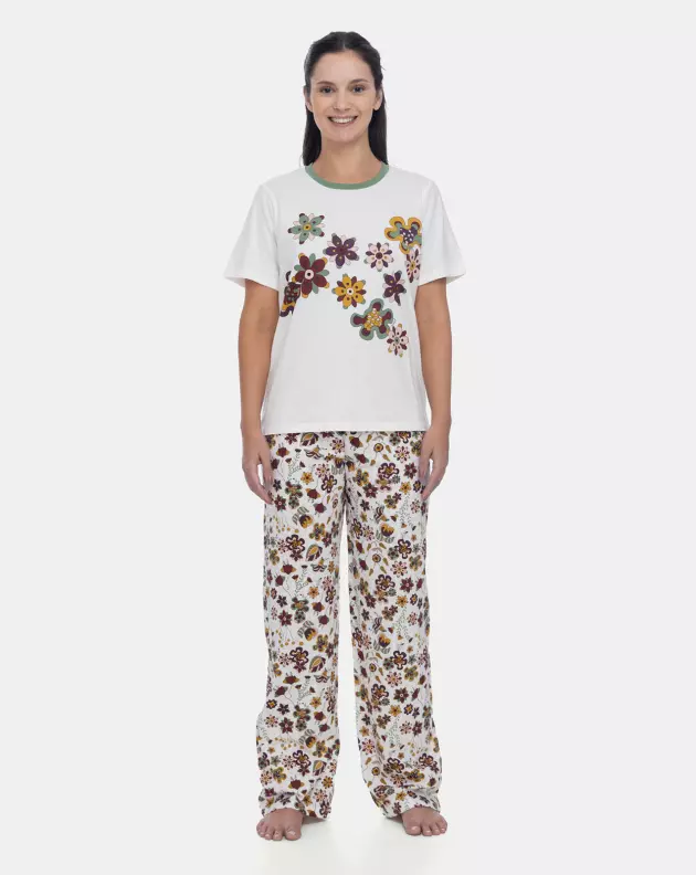 Pijama Feminino Manga Curta e Calça Estampa Floral