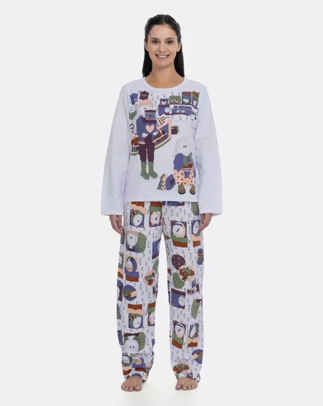 Pijama Feminino Manga Longa e Calça Estampada
