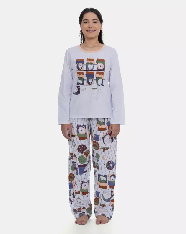 Pijama Feminino Manga Longa e Calça Estampa Personagens
