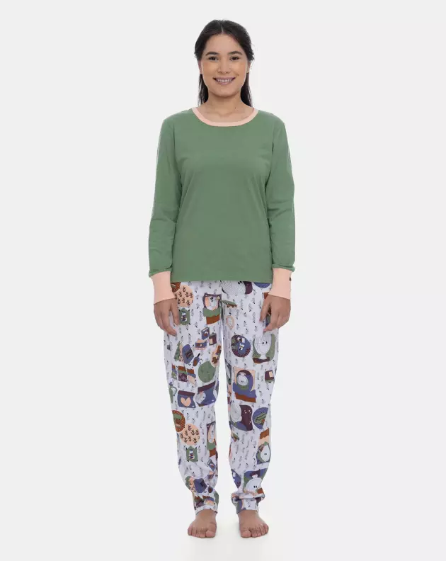 Pijama Feminino Adulto Manga Longa e Calça Estampada