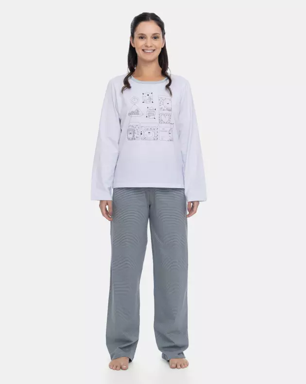 Pijama Feminino Adulto Blusa Manga Longa e Calça Cinza