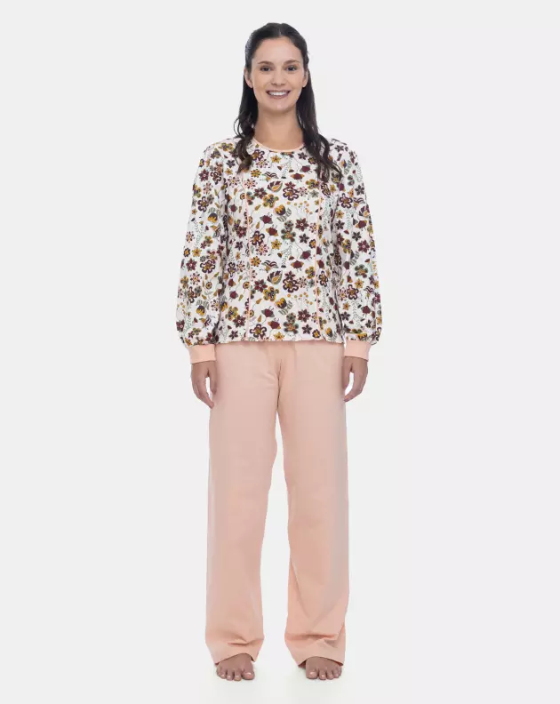 Loja Sonhart Oficial | Pijama Feminino Blusa Manga Longa Floral e Calça Rosa 