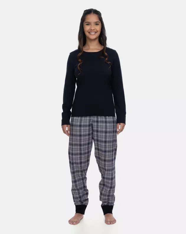 Pijama Feminino Manga Longa e Calça Xadrez Preta