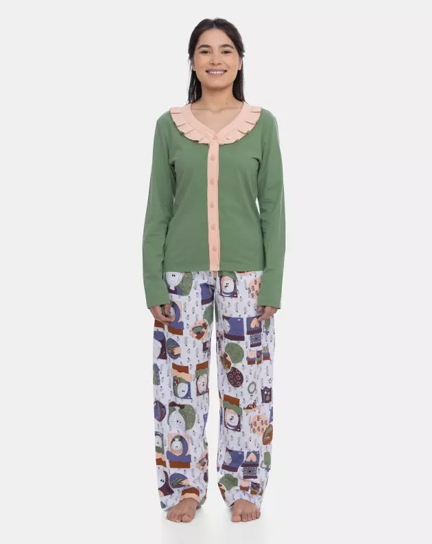Pijama Homewear Feminino Blusa Botões Manga Longa e Calça Estampada