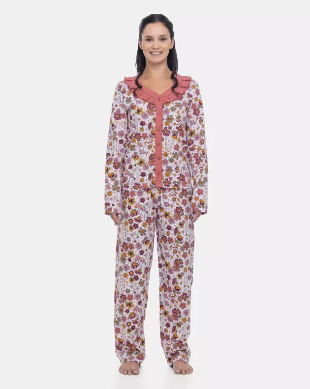 Pijama Feminino Adulto Blusa Botões Manga Longa e Calça Floral