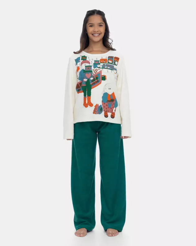 Pijama Longo Feminino Tecido Plush Estampa Pat e Annie