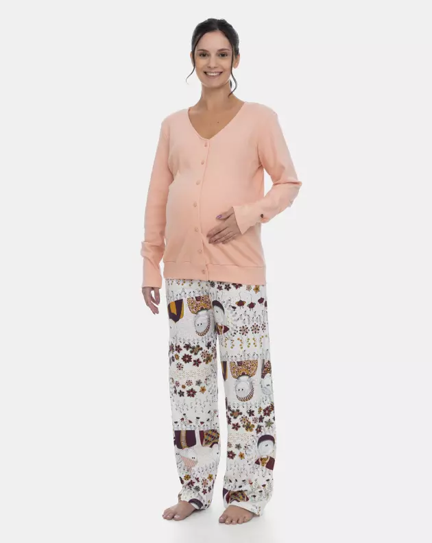 Pijama Gestante Blusa V Botões Manga Longa e Calça Estampa Pat e Annie