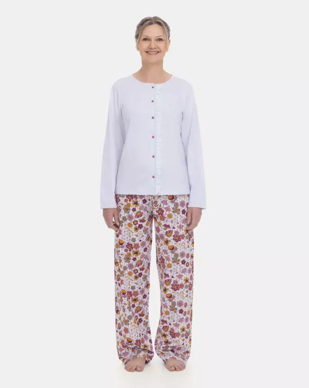 Pijama Feminino Longo Blusa Botões e Calça Floral