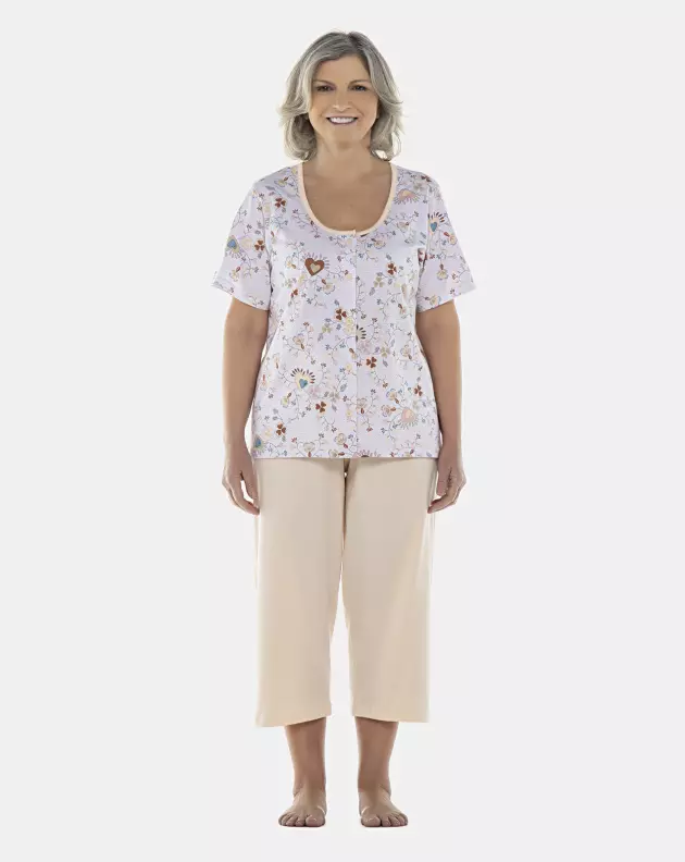 Pijama Feminino Adulto Manga Curta Aberta e Corsário