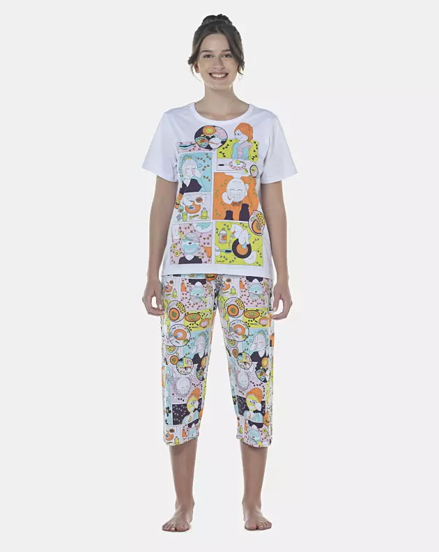 Pijama Feminino Adulto Manga Curta e Corsário
