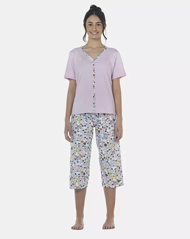 Pijama Feminino Adulto Manga Curta Aberta e Corsário
