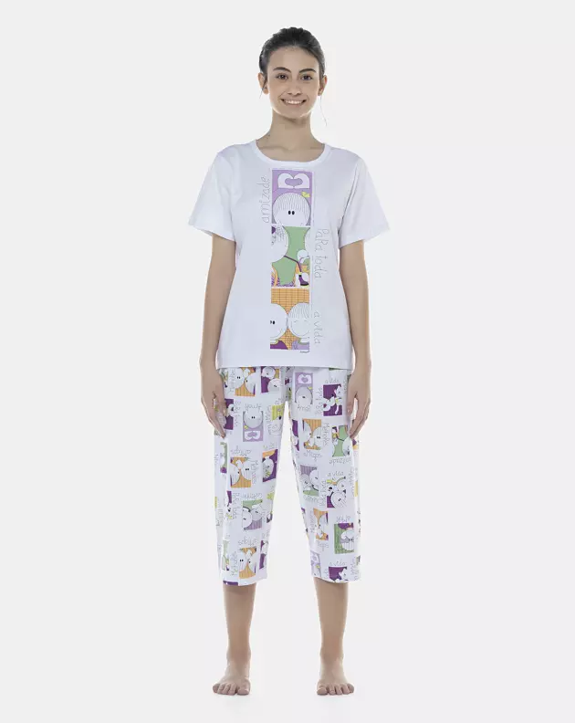 Pijama Feminino Adulto Manga Curta e Corsário