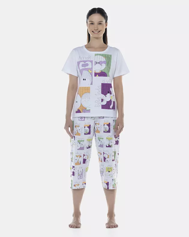 Pijama Feminino Adulto Manga Curta e Corsário