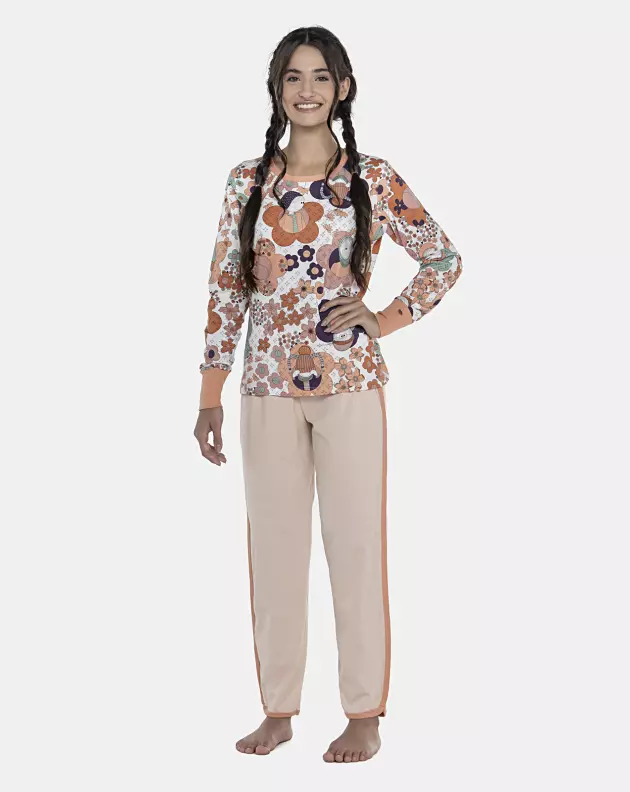 Pijama Feminino Adulto Manga Longa Com Punhos e Calça