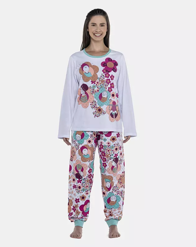 Pijama Feminino Adulto Manga Longa e Calça Com Punhos