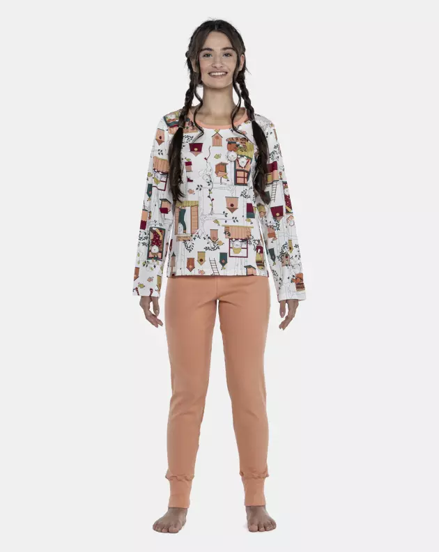 Pijama Feminino Adulto Manga Longa e Calça Canelada