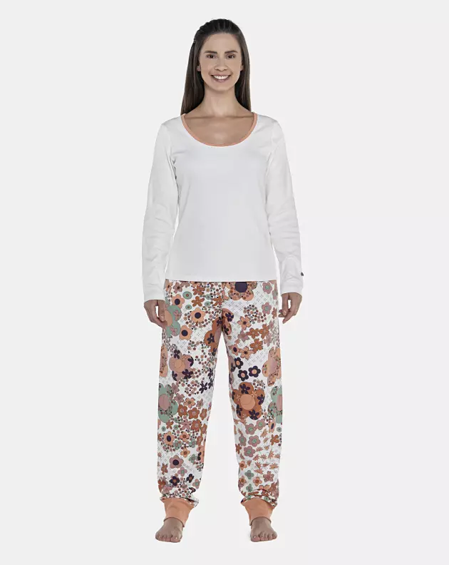 Pijama Feminino Adulto Manga Longa Canelada e Calça Moletinho