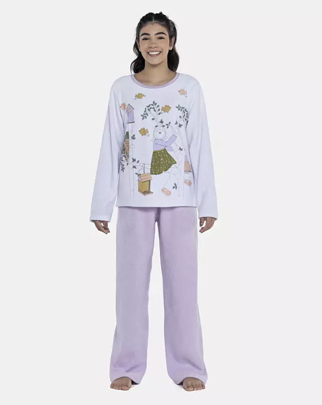 Pijama Feminino Adulto Manga Longa e Calça Plush