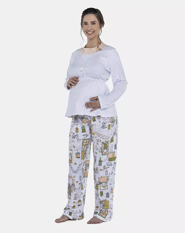 Pijama Feminino Gestante Manga Longa e Calça
