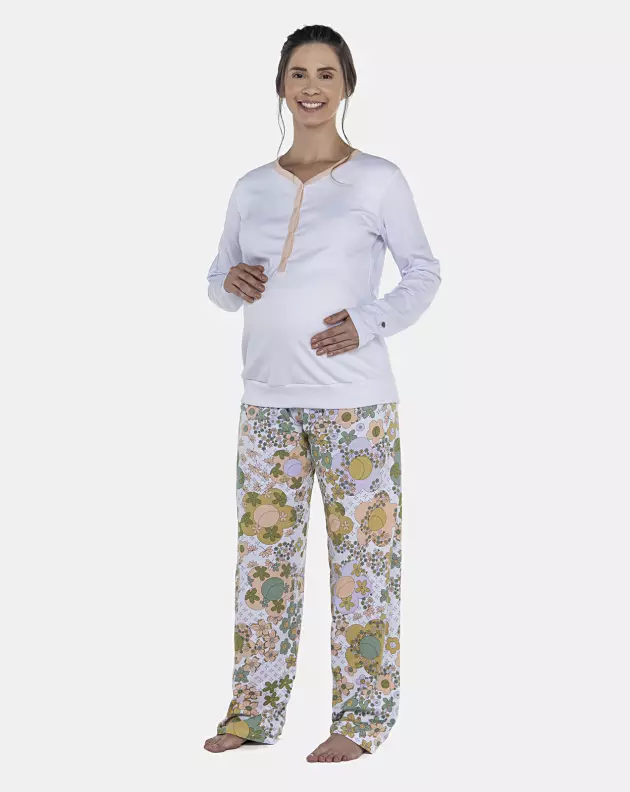 Pijama Feminino Gestante Manga Longa Canelada e Calça