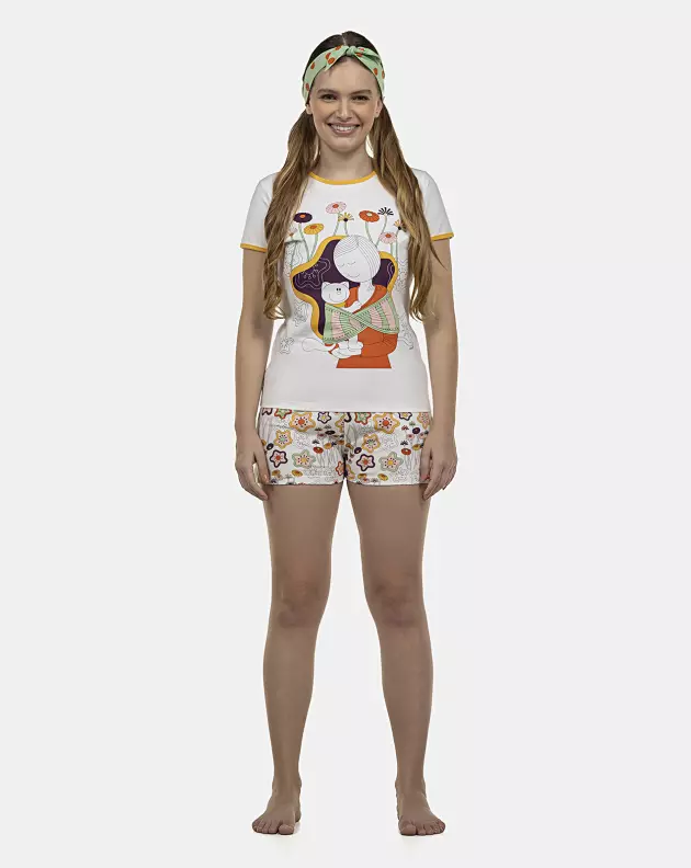 Pijama Feminino Adulto Baby-Look Manga Curta e Short