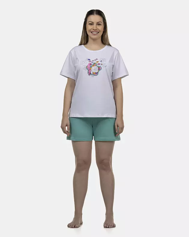 Pijama Feminino Adulto Manga Curta e Bermuda