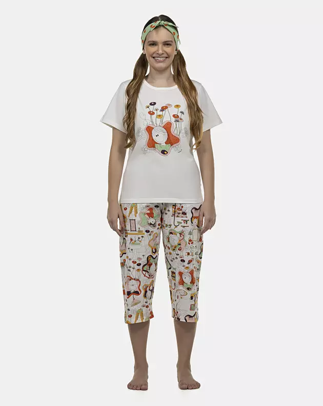 Pijama Feminino Adulto Manga Curta e Corsário